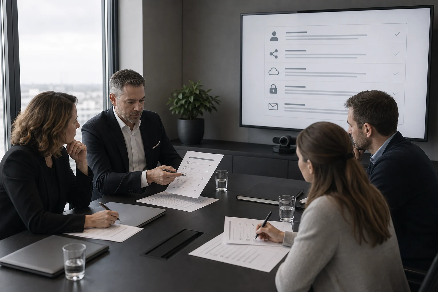 Obchodní tým na poradě probírá nová pravidla pro bezpečné sdílení dokumentů.